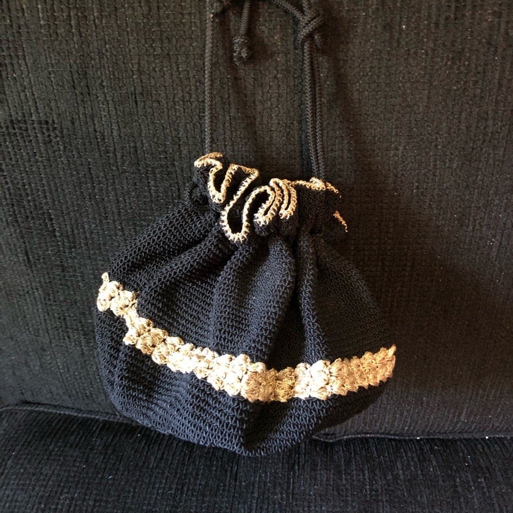 10151 Mid Century Crocheted  Black and Gold Braid Drawstring Bucket Bag